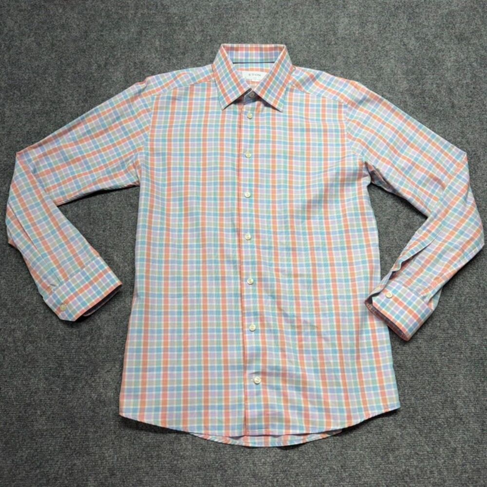 Eton Men's 40 15 3/4 Medium Slim Fit Plaid Shirt 100% Cotton Multicolor
